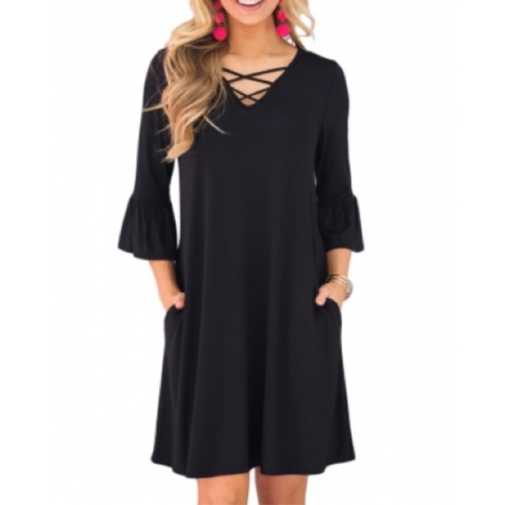 Crisscross VNeck Bell Sleeve Dress